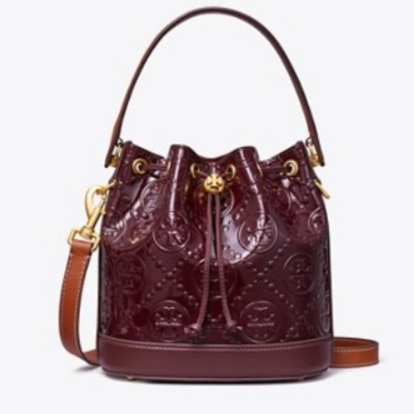 Tory Burch T Monogram Patent Embossed Bucket Bag & Wallet in Albarossa - Picture 7 of 17